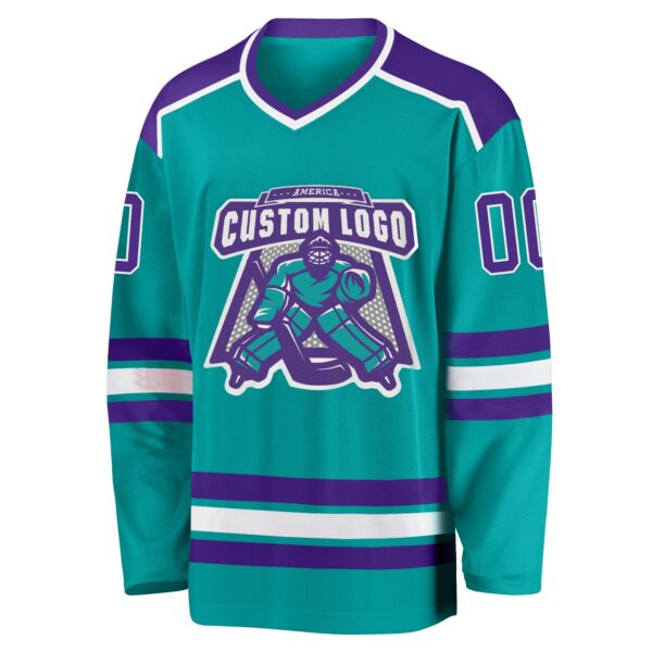 Custom Aqua Purple-White Hockey Jersey - Image 2