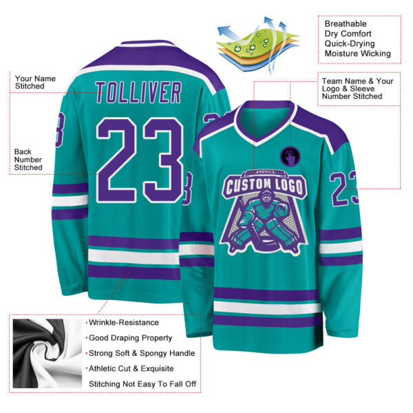 Custom Aqua Purple-White Hockey Jersey - Image 3