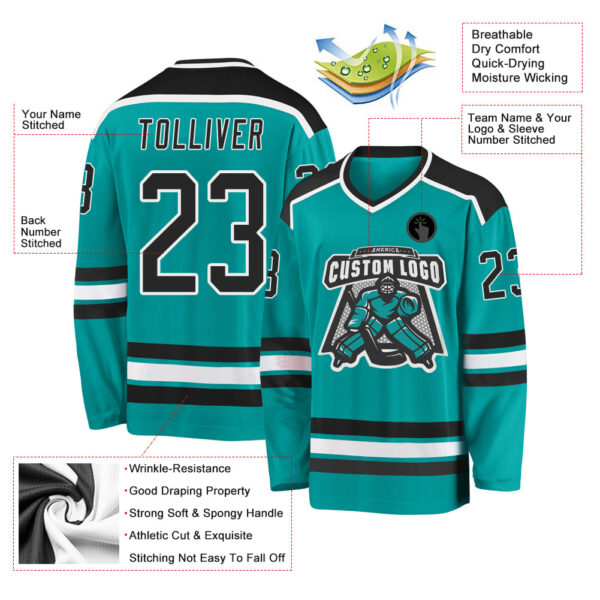 Custom Aqua Black-White Hockey Jersey - Image 3