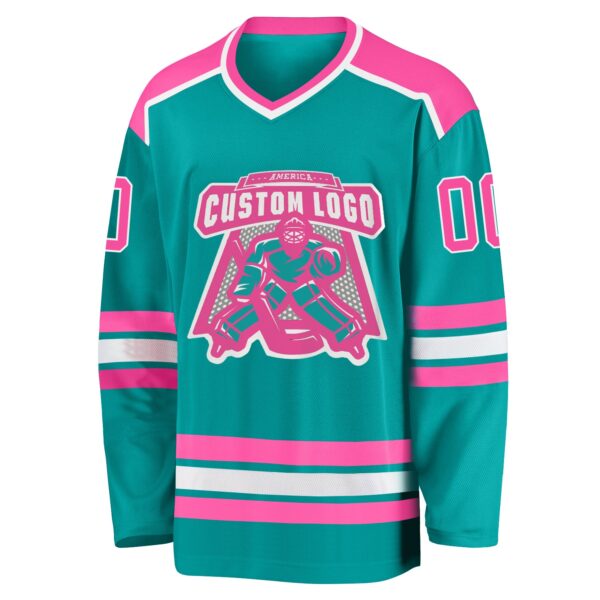 Custom Aqua Pink-White Hockey Jersey - Image 2