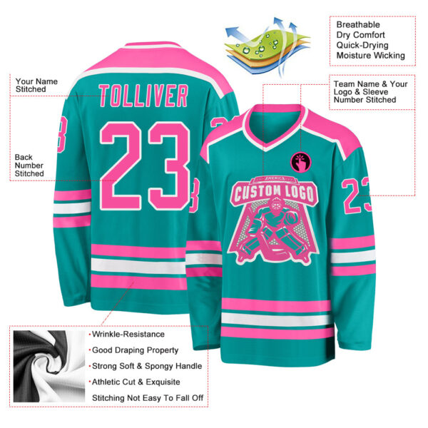Custom Aqua Pink-White Hockey Jersey - Image 3