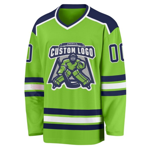 Custom Neon Green Navy-White Hockey Jersey - Image 2