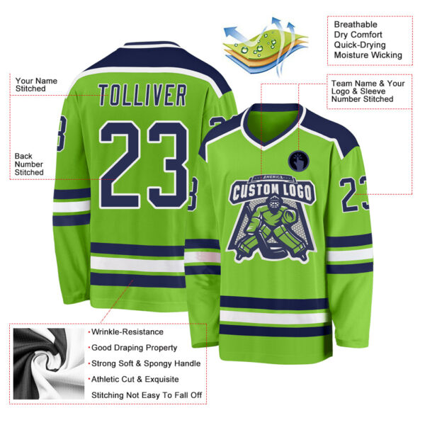Custom Neon Green Navy-White Hockey Jersey - Image 3