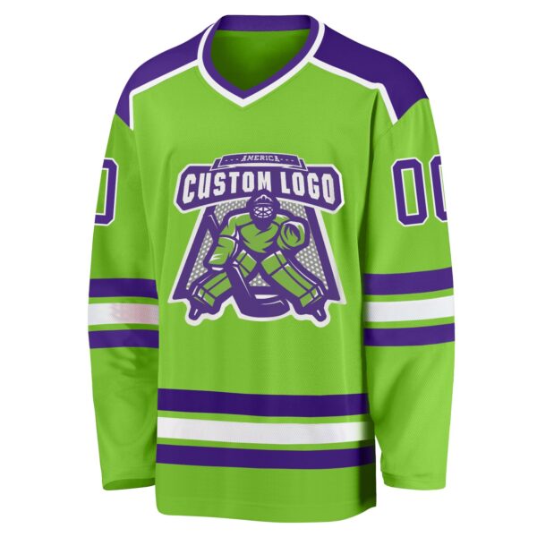 Custom Neon Green Purple-White Hockey Jersey - Image 2