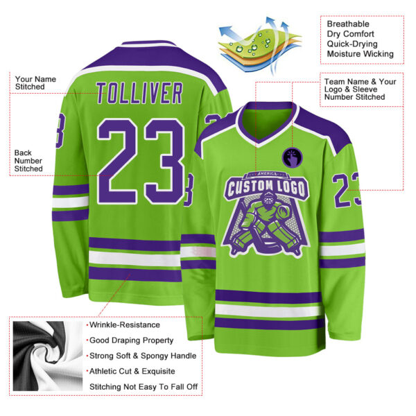Custom Neon Green Purple-White Hockey Jersey - Image 3