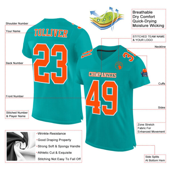 Custom Aqua Orange-White Mesh Authentic Football Jersey - Image 2