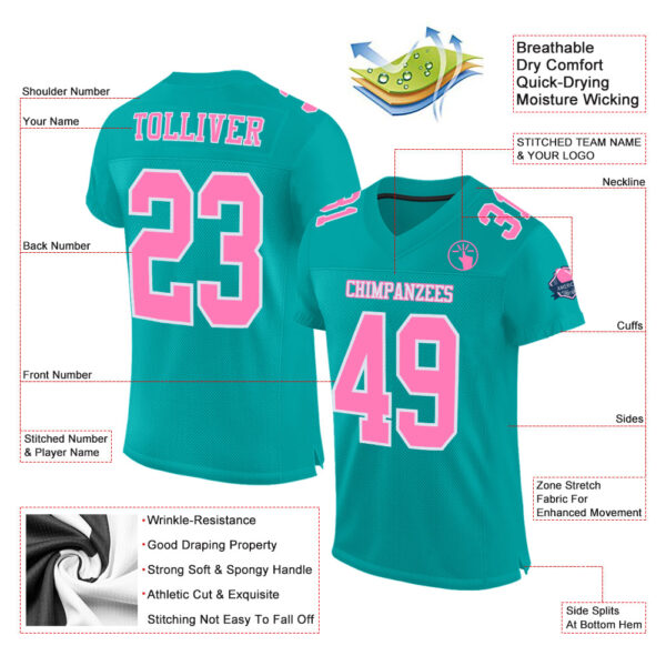 Custom Aqua Pink-White Mesh Authentic Football Jersey - Image 2