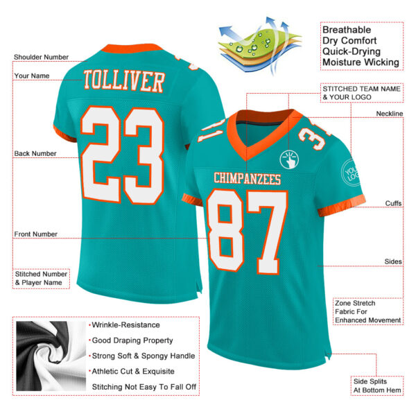 Custom Aqua White-Orange Mesh Authentic Football Jersey - Image 2