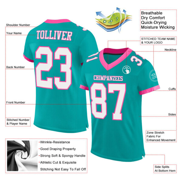 Custom Aqua White-Pink Mesh Authentic Football Jersey - Image 2