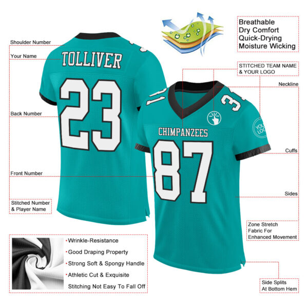Custom Aqua White-Black Mesh Authentic Football Jersey - Image 2