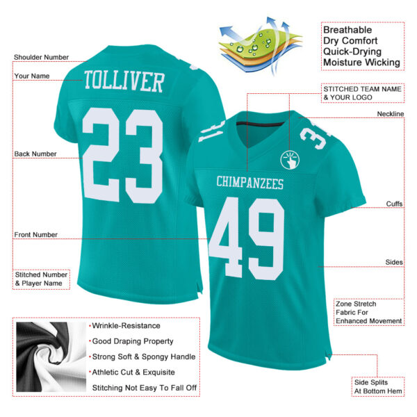 Custom Aqua White Mesh Authentic Football Jersey - Image 2