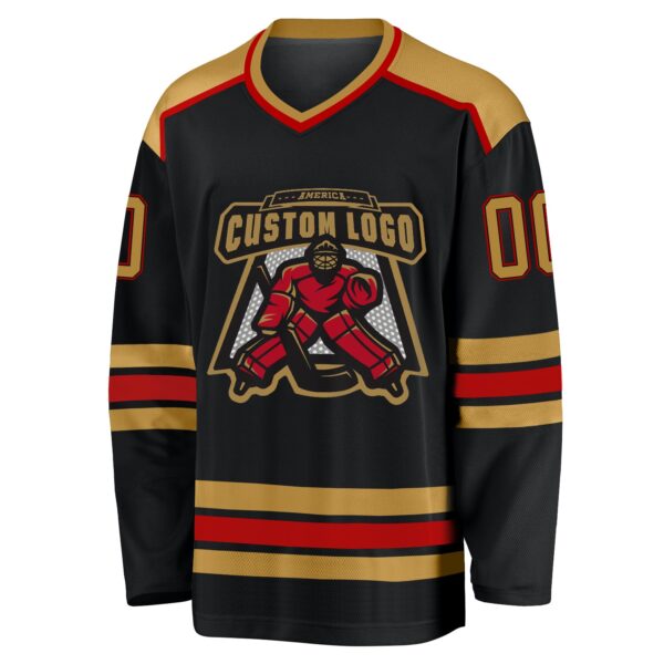 Custom Black Old Gold-Red Hockey Jersey - Image 2