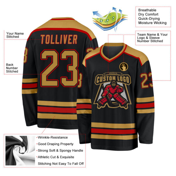 Custom Black Old Gold-Red Hockey Jersey - Image 3