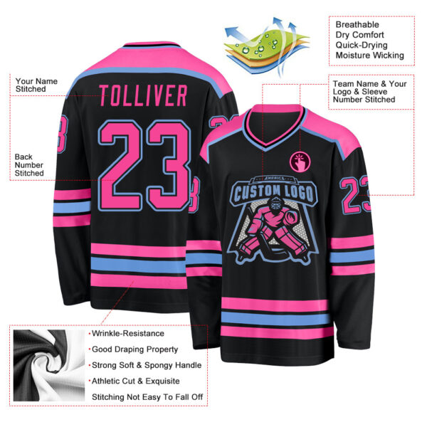 Custom Black Pink-Light Blue Hockey Jersey - Image 3