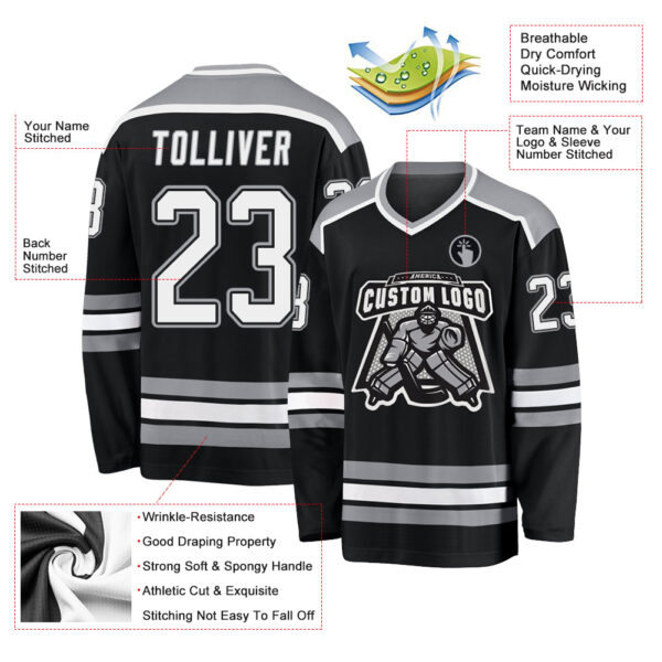 Custom Black White-Gray Hockey Jersey - Image 3