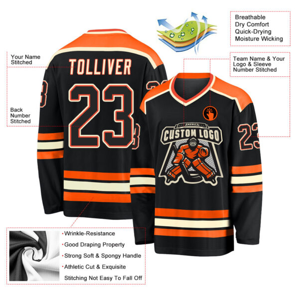 Custom Black Black Orange-Cream Hockey Jersey - Image 3
