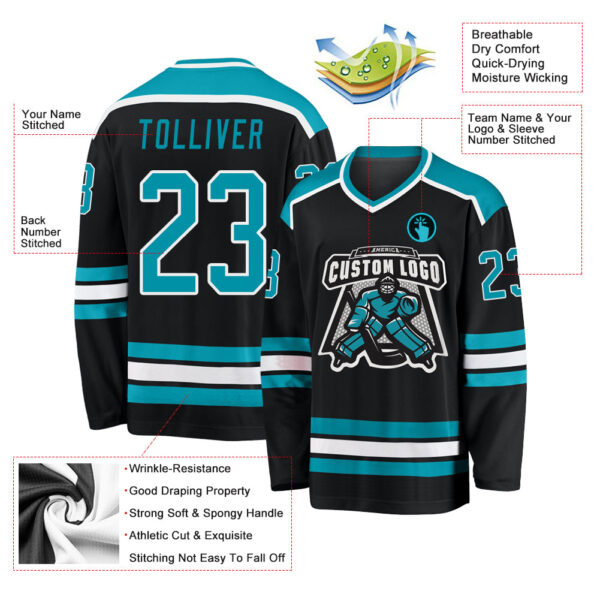 Custom Black Teal-White Hockey Jersey - Image 3