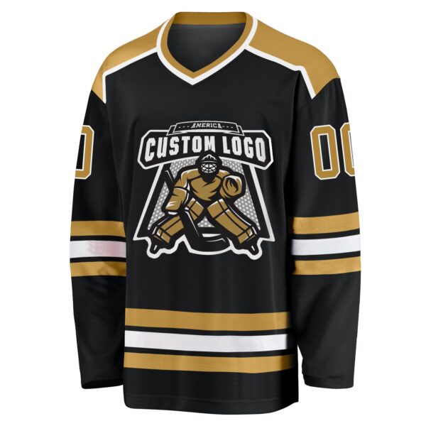 Custom Black Old Gold-White Hockey Jersey - Image 2