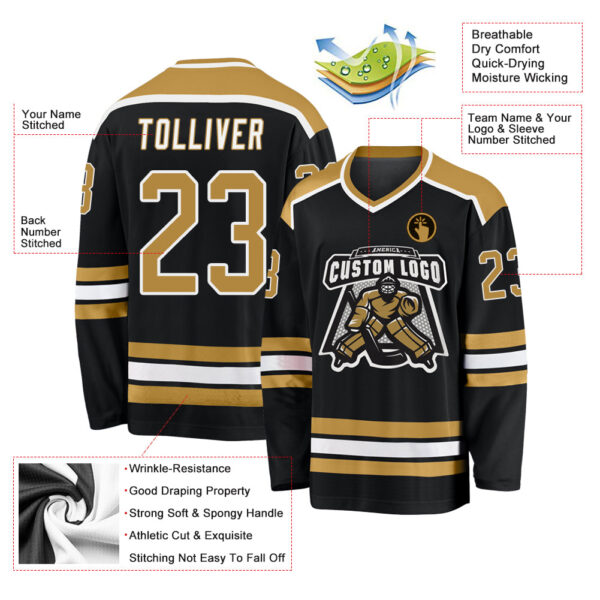 Custom Black Old Gold-White Hockey Jersey - Image 3