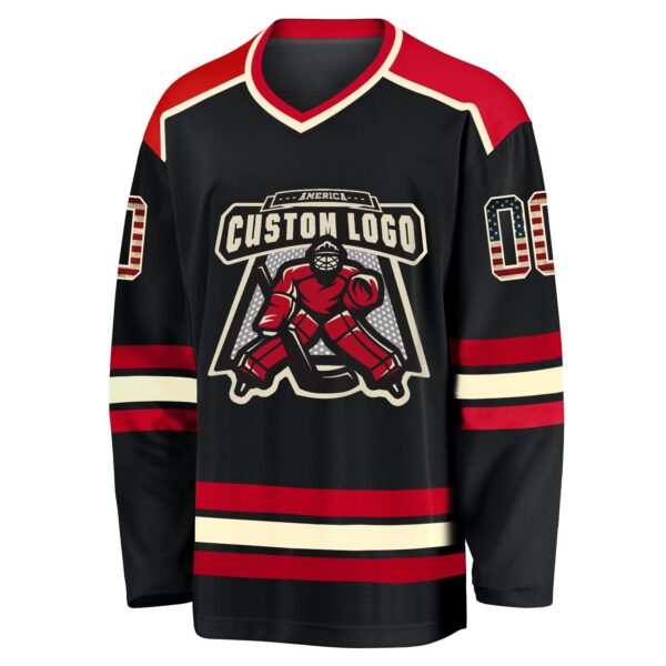 Custom Black Vintage USA Flag Cream-Red Hockey Jersey - Image 2