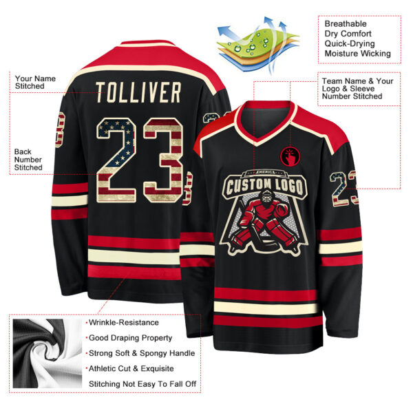 Custom Black Vintage USA Flag Cream-Red Hockey Jersey - Image 3