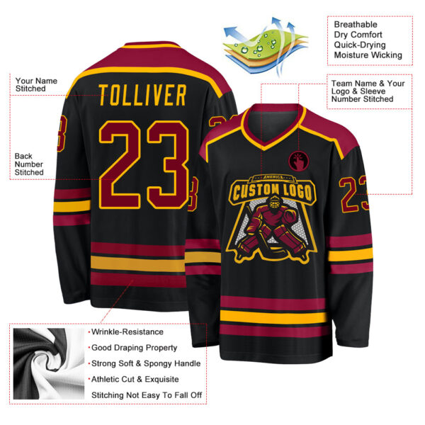 Custom Black Maroon-Gold Hockey Jersey - Image 3