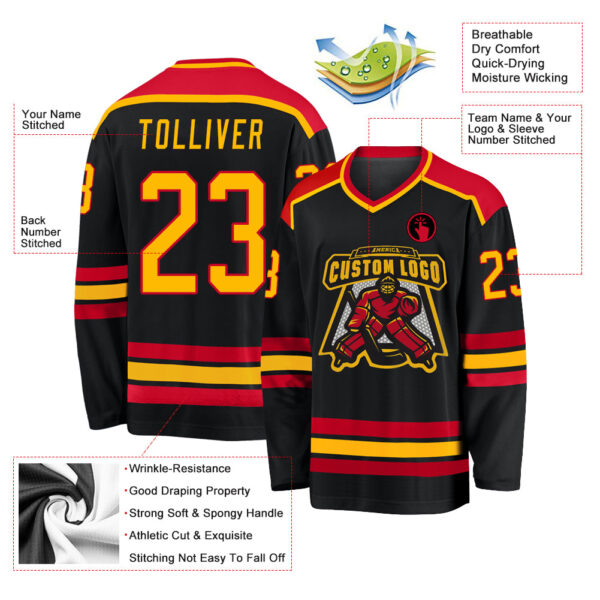 Custom Black Gold-Red Hockey Jersey - Image 3