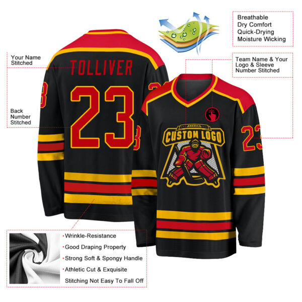 Custom Black Red-Gold Hockey Jersey - Image 3