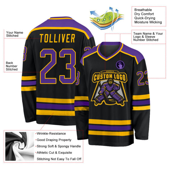 Custom Black Purple-Gold Hockey Jersey - Image 3