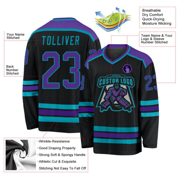 Custom Black Purple-Teal Hockey Jersey - Image 4