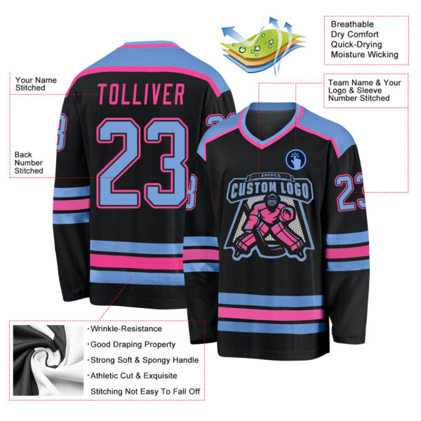 Custom Black Light Blue-Pink Hockey Jersey - Image 3