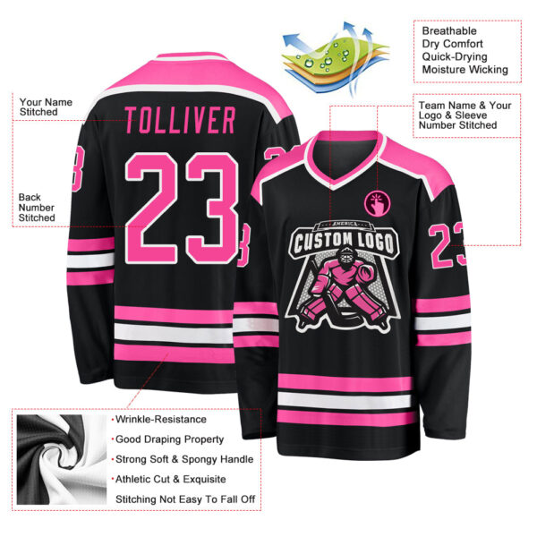 Custom Black Pink-White Hockey Jersey - Image 4