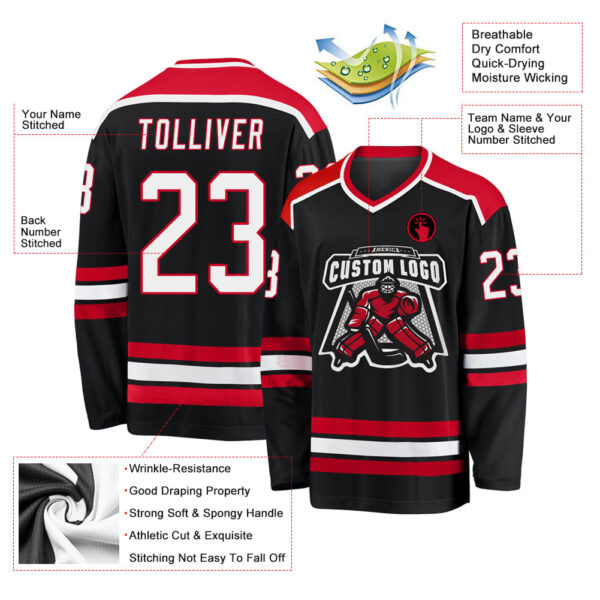 Custom Black White-Red Hockey Jersey - Image 3