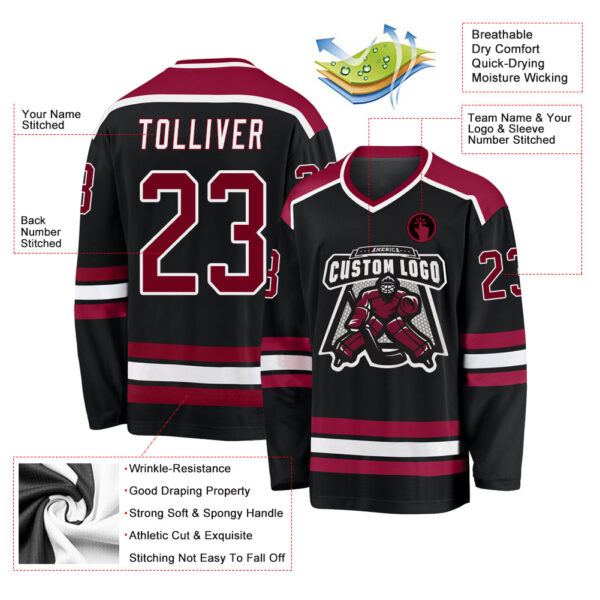 Custom Black Maroon-White Hockey Jersey - Image 3