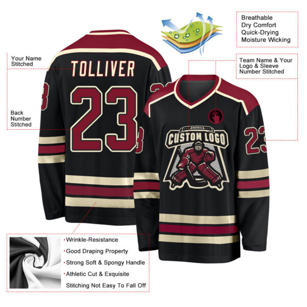 Custom Black Crimson-Cream Hockey Jersey - Image 3