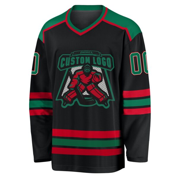 Custom Black Kelly Green White-Red Hockey Jersey - Image 2