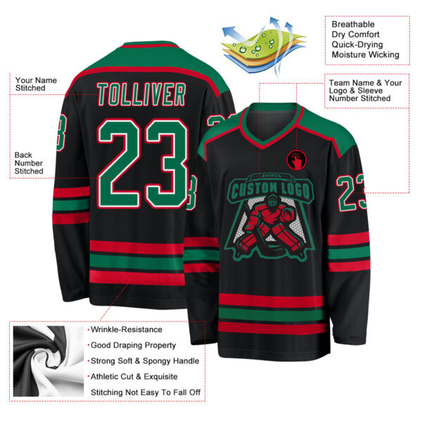 Custom Black Kelly Green White-Red Hockey Jersey - Image 3