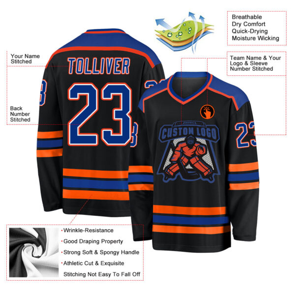Custom Black Royal White-Orange Hockey Jersey - Image 3