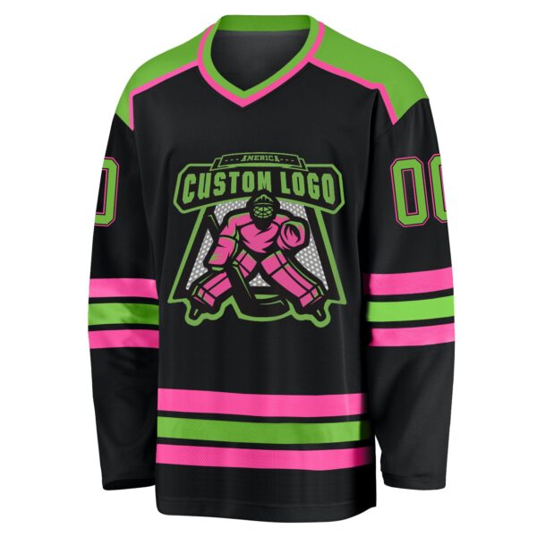 Custom Black Neon Green-Pink Hockey Jersey - Image 2
