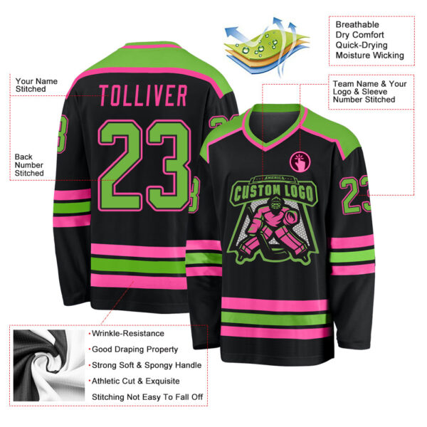 Custom Black Neon Green-Pink Hockey Jersey - Image 3