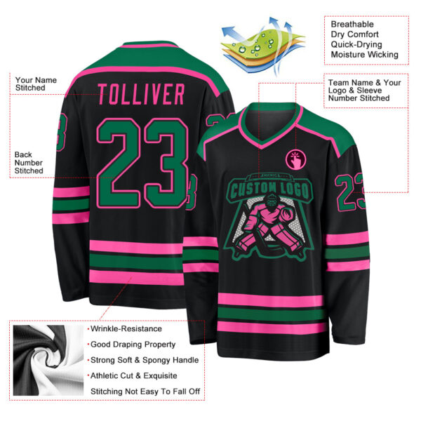 Custom Black Kelly Green-Pink Hockey Jersey - Image 3