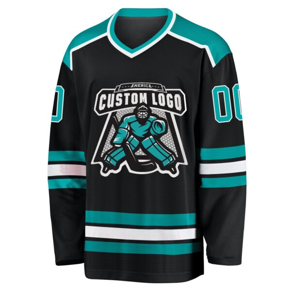 Custom Black Aqua-White Hockey Jersey - Image 2