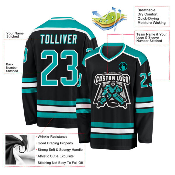 Custom Black Aqua-White Hockey Jersey - Image 3