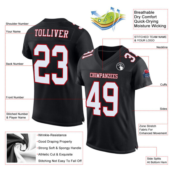 Custom Black White-Red Mesh Authentic Football Jersey - Image 2
