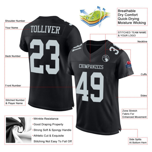 Custom Black Silver Mesh Authentic Football Jersey - Image 2