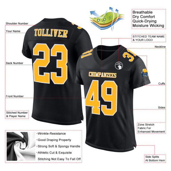 Custom Black Gold-White Mesh Authentic Football Jersey - Image 2