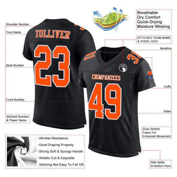 Custom Black Orange-White Mesh Authentic Football Jersey - Image 2
