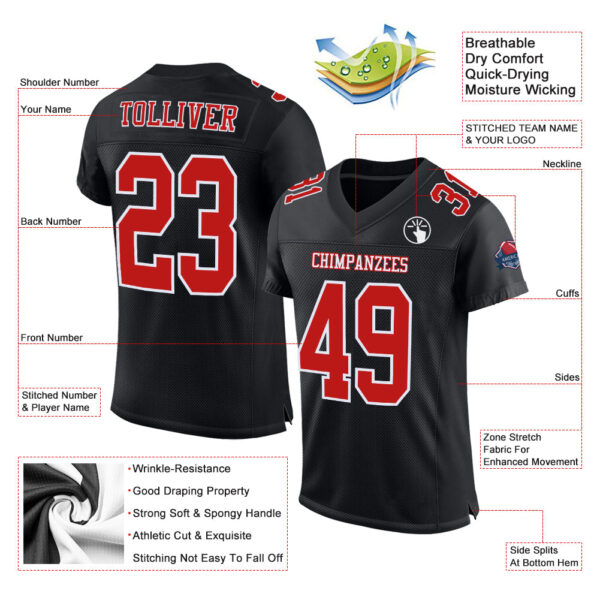 Custom Black Fire Red-White Mesh Authentic Football Jersey - Image 2