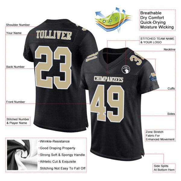 Custom Black Vegas Gold-White Mesh Authentic Football Jersey - Image 2