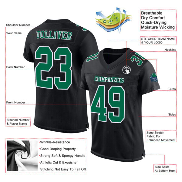 Custom Black Kelly Green-White Mesh Authentic Football Jersey - Image 2